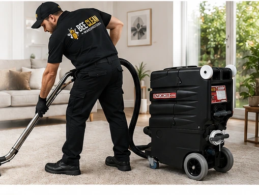 Bee Clean Manchester staff member using professional Ashbys carpet cleaning equipment at a home